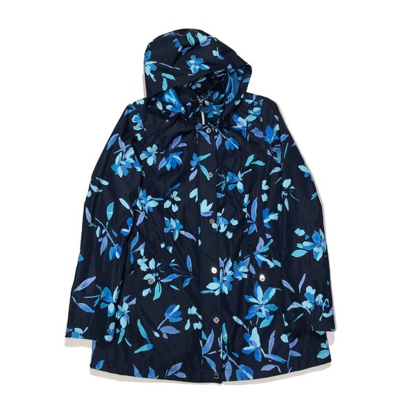 Dennis Basso M Navy Floral Removable Hood Water Resistant Zip Front Jacket/Coat - Picture 1 of 11